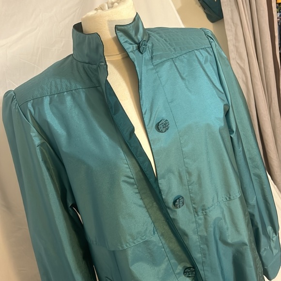 Vintage Trenchcoat Women L Turquoise Metallics Shimmer with Pockets Button Down - Picture 13 of 17